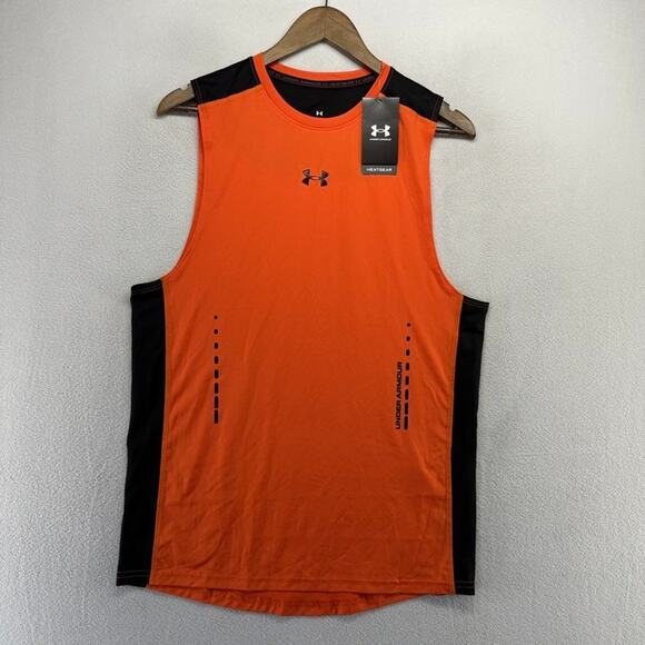 Under Armour Tank Top Men's medium Orange Black Fitted Heatgear Vent Gym NEW - Picture 2 of 9